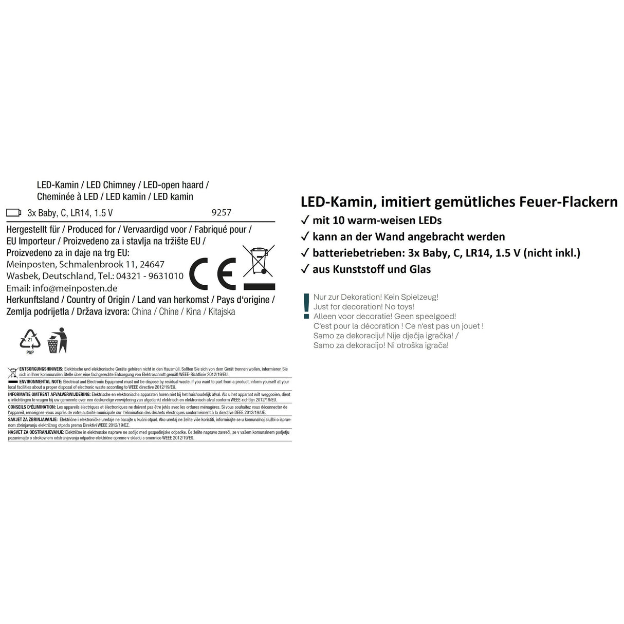 Dekokamin LED Kamin Feuer Elektrokamin 60x20 cm