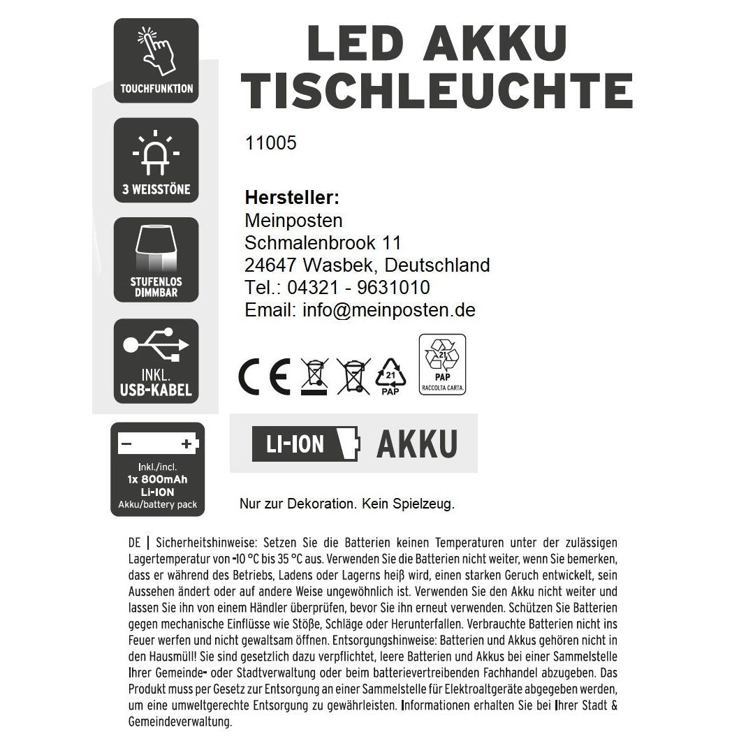 Lampe LED ohne Kabel Touch Tischleuchte Tischlampe Leuchte kabellos dimmbar