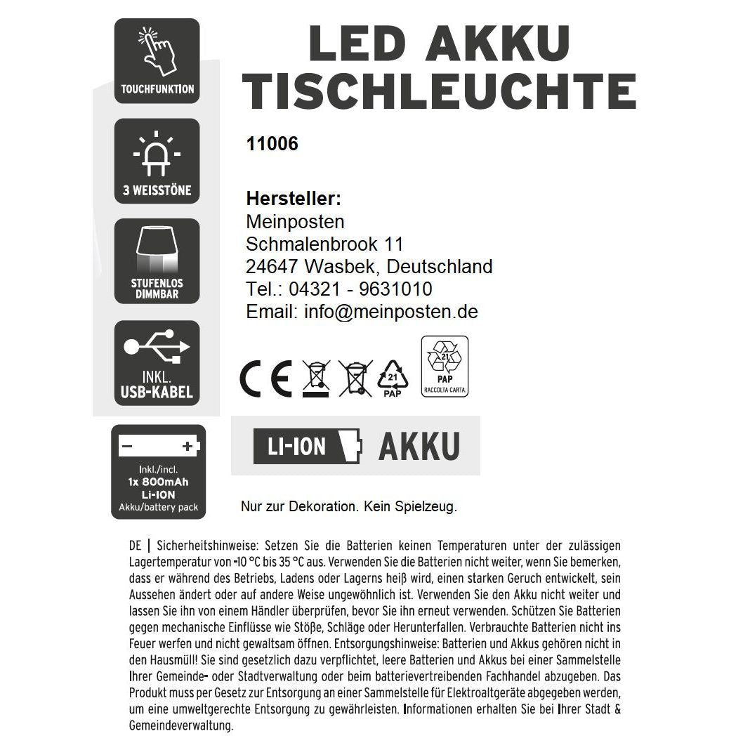 Lampe LED ohne Kabel Touch Tischleuchte Tischlampe Leuchte kabellos dimmbar