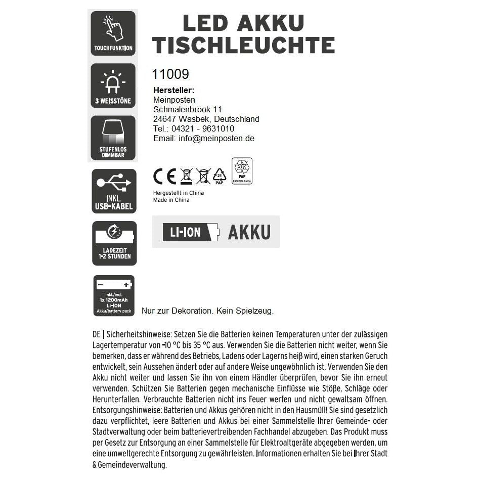 Lampe LED ohne Kabel Touch Tischleuchte Tischlampe Leuchte kabellos dimmbar