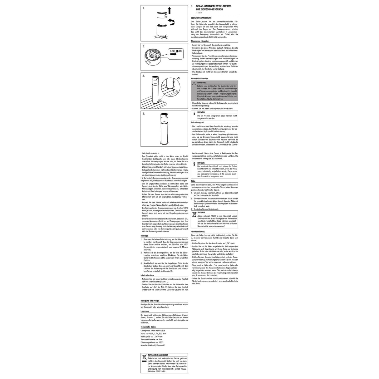 Außenleuchte LED Solar Bewegungsmelder Wegeleuchte Gartenleuchte Solarleuchte
