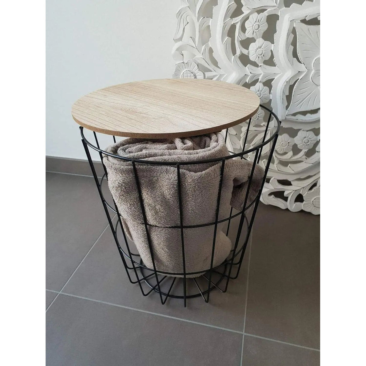Beistelltisch Tisch mit Stauraum Ø 39 cm H=41 cm Metall/Holz Nachttisch Schwarz