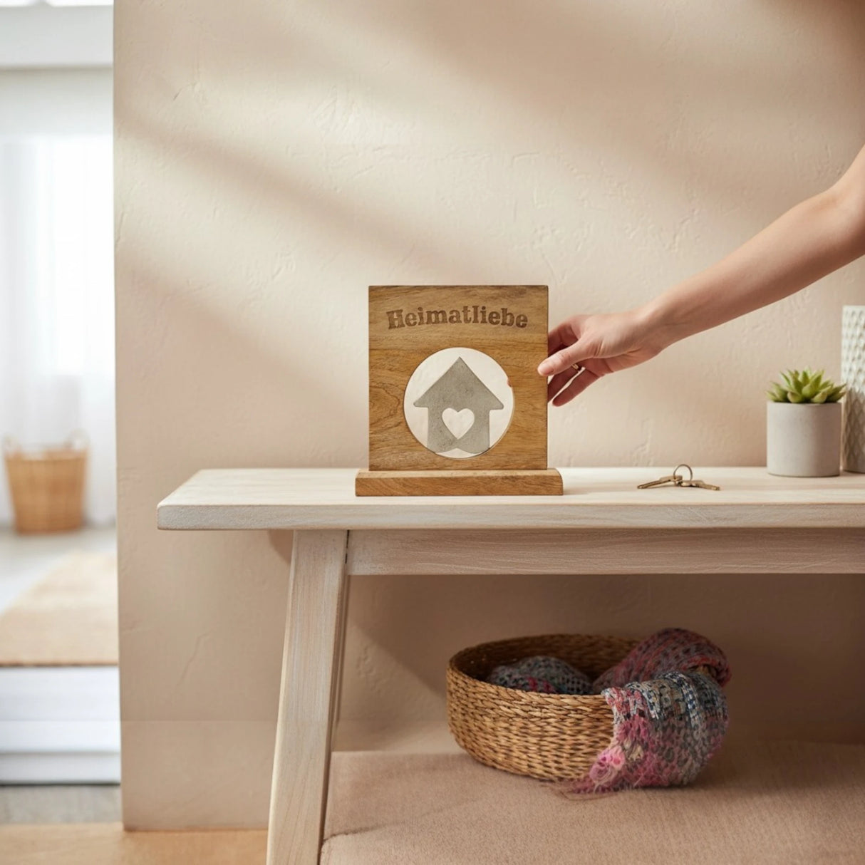 Dekoschild mit Haus Herz Mangoholz Metall Aufsteller Schild Wohnaccessoire Holz - Holzschild