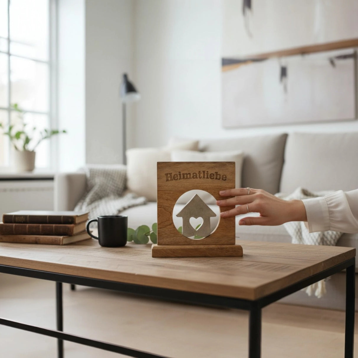 Dekoschild mit Haus Herz Mangoholz Metall Aufsteller Schild Wohnaccessoire Holz - Holzschild