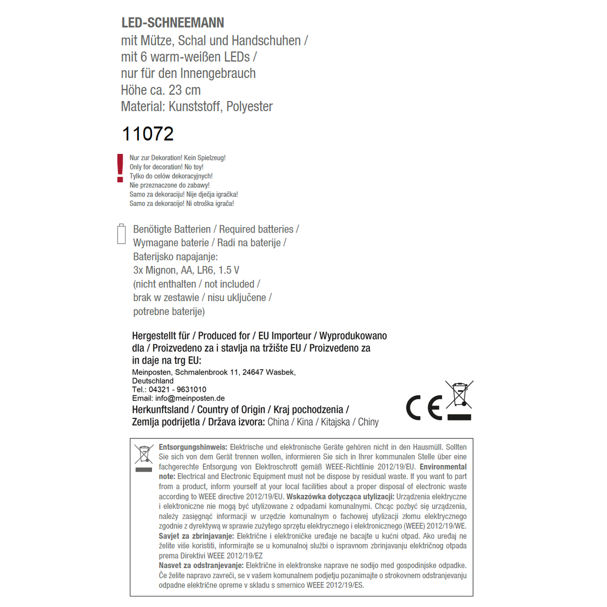 Schneemann mit warmweiß LED Beleuchtung Schal & Mütze rot Weihnachtsdeko H 20 cm