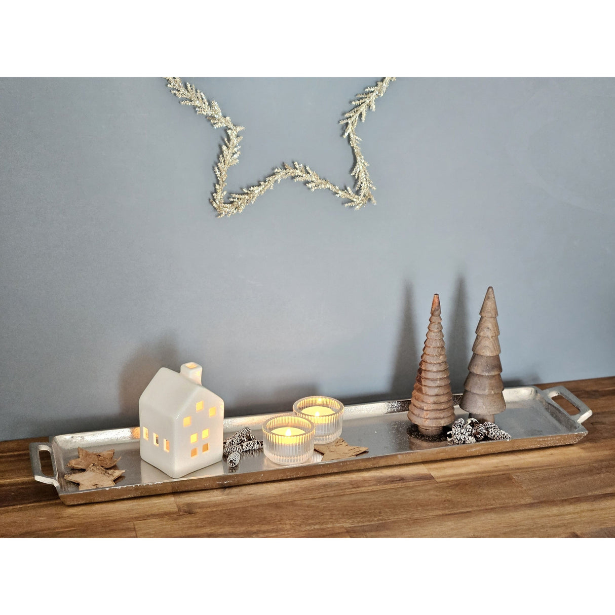 Metalltablett Tablett Serviertablett lang 59 cm Dekotablett silber mit Henkel