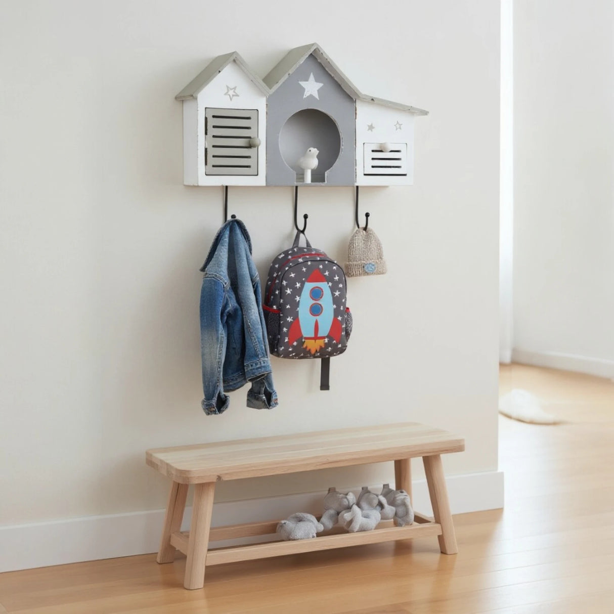 Wandgarderobe weiß Shabby Landhaus – 3 Haken 1 Schublade Haus & Stern Flurgarderobe - Garderobe