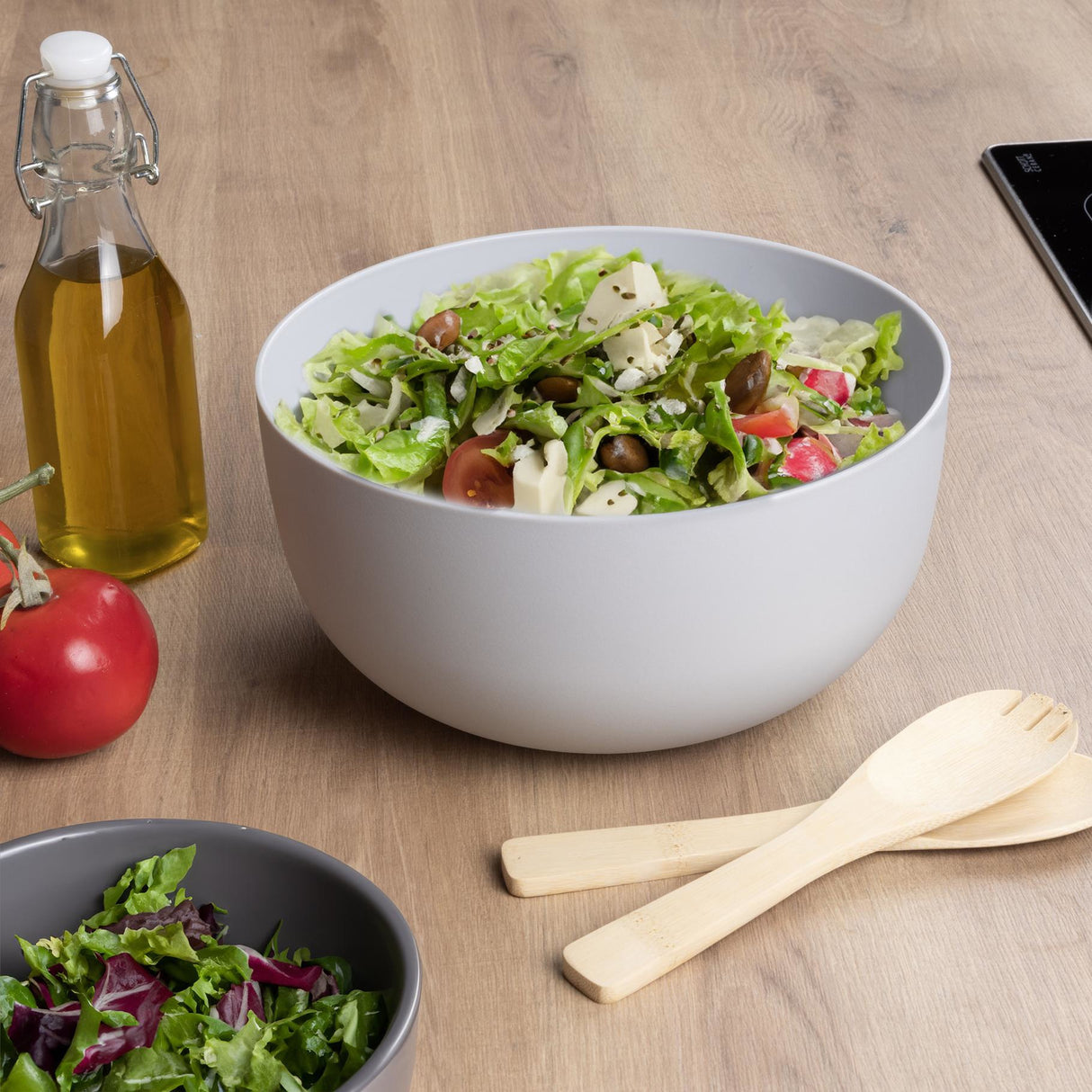 Salatschüssel mit Besteck Bambus grau 23 cm Holz Salatbesteck grau