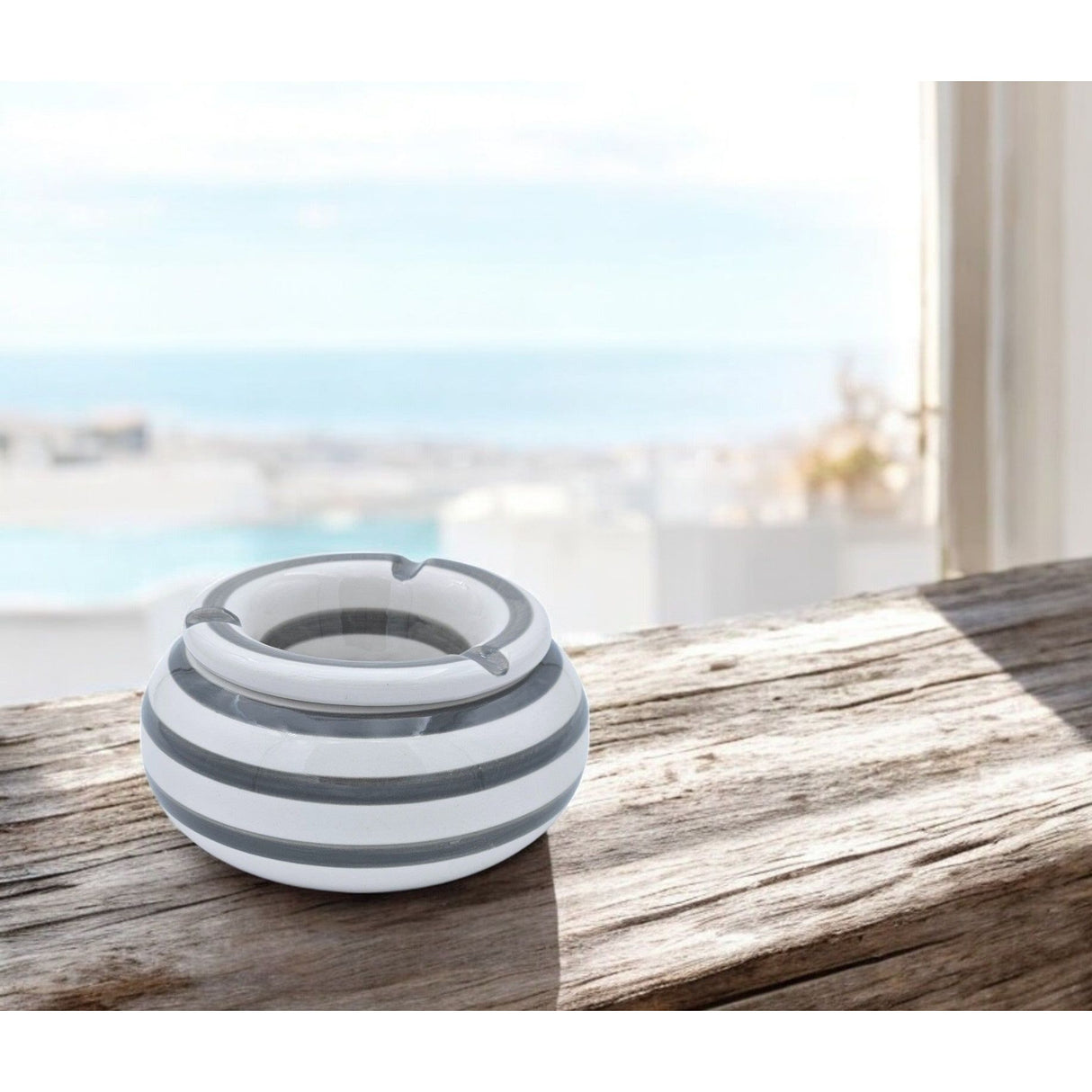 Sturmaschenbecher Mykonos M / XXL 23 cm Maritim grau weiß Aschenbecher gestreift