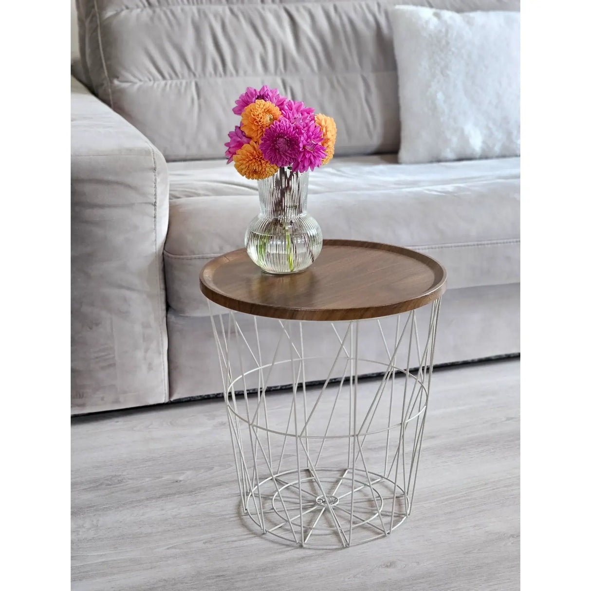 Beistelltisch warmes grau Nussbaum Rund Couchtisch 37x40 cm Metall Holz - Beistelltisch