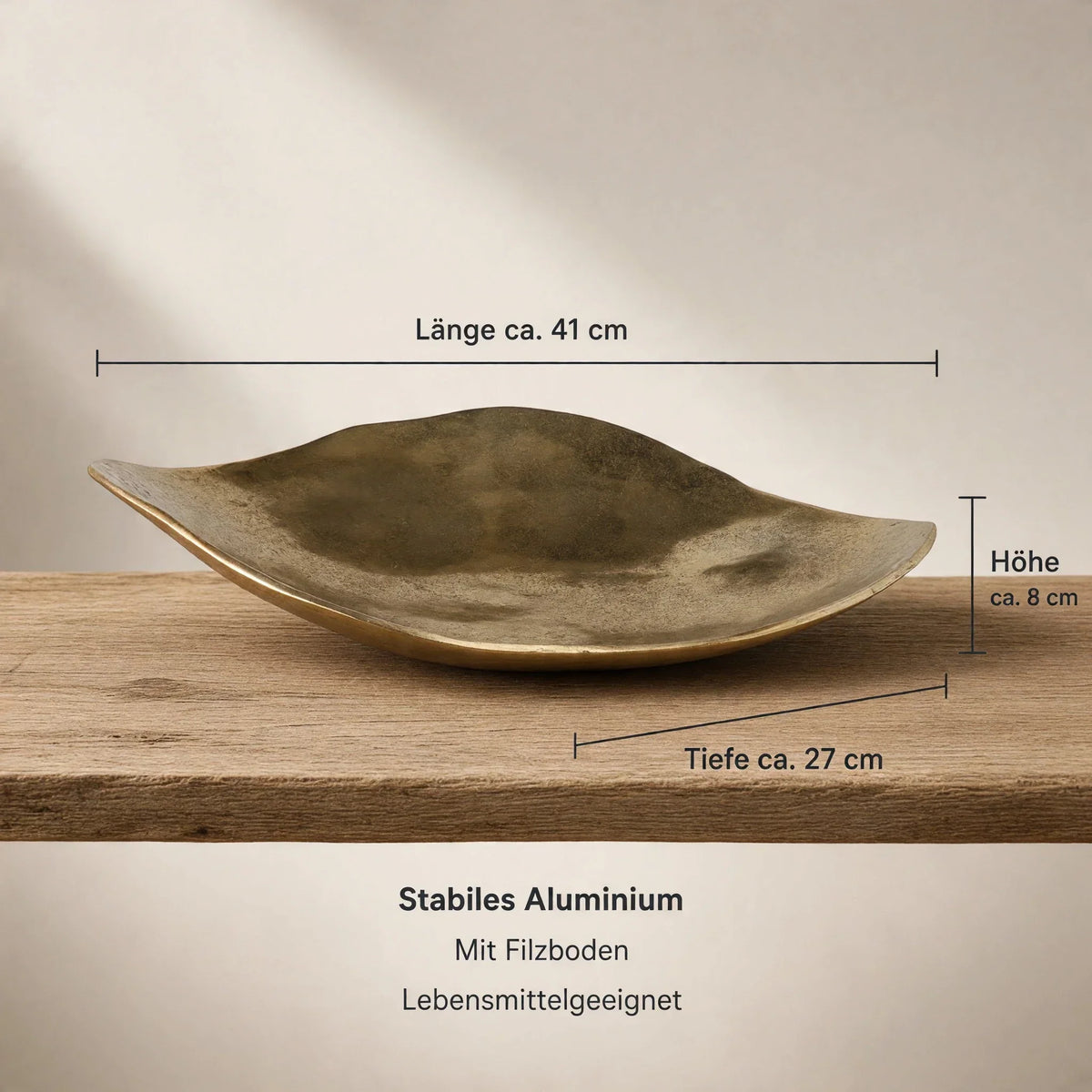 Dekoschale Gold 41 cm – Längliche Aluminiumschale mit Filzboden - Dekoschale