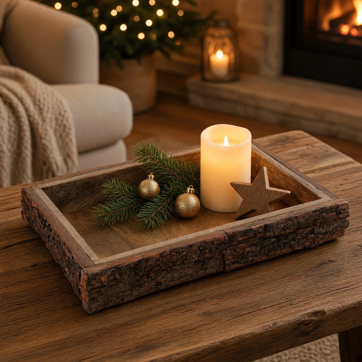Dekotablett Mangoholz 36 x 25 cm – Massiv mit Baumrinde - Holztablett