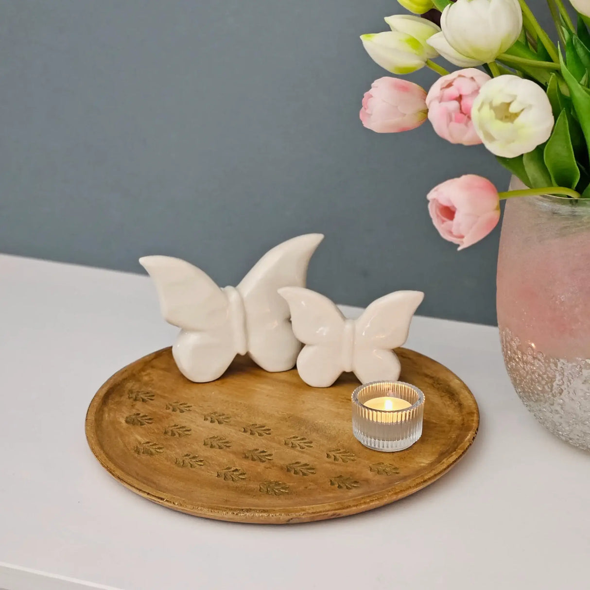 Holzteller Deko Teller Kerzenteller rund 22 o 30 cm Blattmuster braun Mangoholz dekobrett - Dekoteller