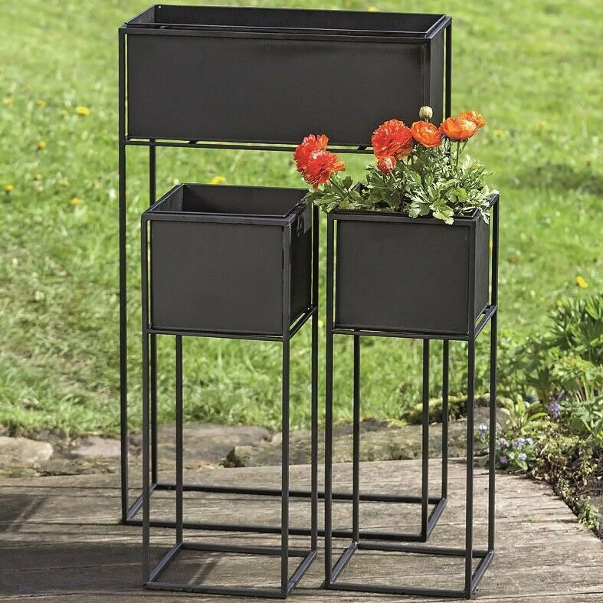 Pflanzkasten schwarz Metall Eisen 3er Set Blumenkasten Kräuterkasten Hochbeet - Pflanzkasten
