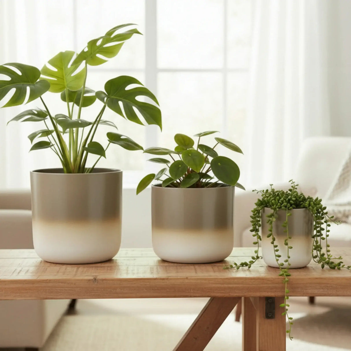 Pflanztopf Übertopf Blumentopf 3er Set Metalltopf creme beige rund Pflanzenübertopf - Übertopf
