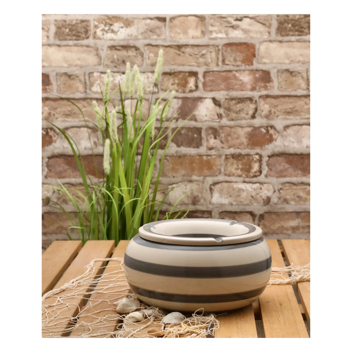 Sturmaschenbecher Mykonos M / XXL 23 cm Maritim grau weiß Aschenbecher gestreift - Aschenbecher