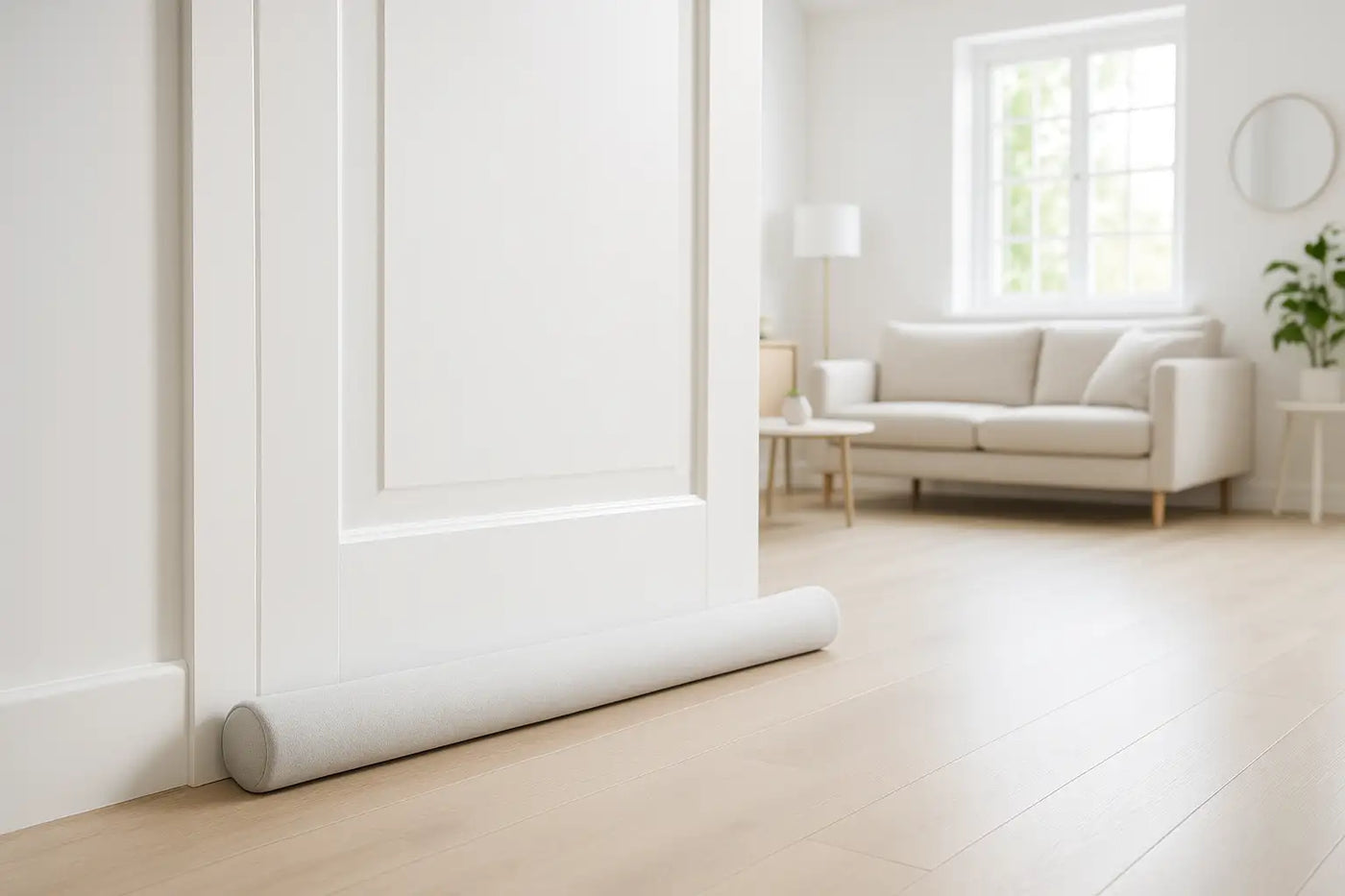 Zugluftstopper im Wohnzimmer mit weisser Tür. Dekobild