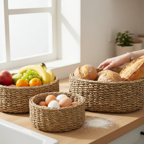 3 Körbe runder Korb Seegras Aufbewahrungskorb Dekokorb natur braun rund Körbche - 3er Seegras Korb Set