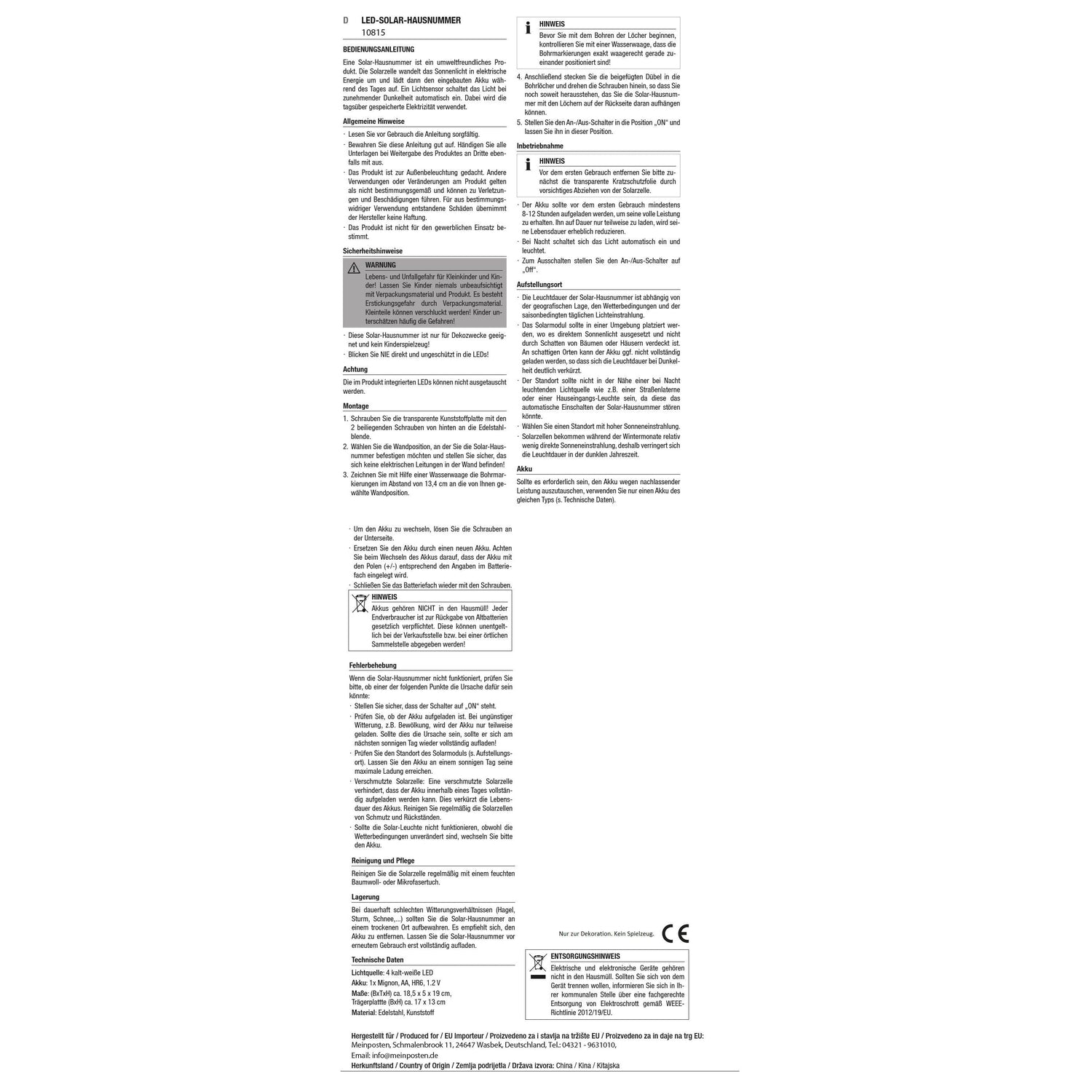 Hausnummernschild LED Beleuchtet Solar Edelstahl Hausnummernbeleuchtung