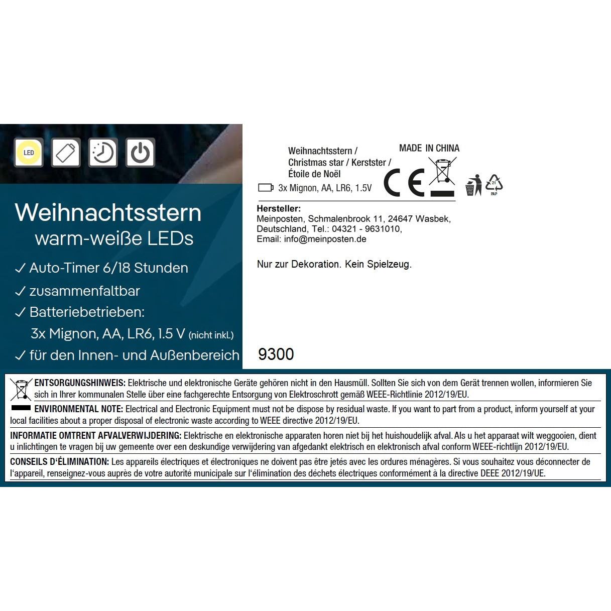 Stern Weihnachtsstern LED Ø 35 cm in&outdoor Timer weiß Beleuchtung Batterie