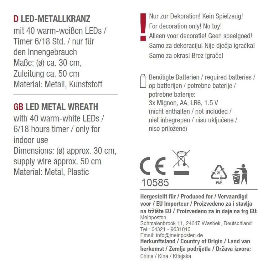 Weihnachtskranz LED Kranz Timer Batterie Lichterkranz warmweiß Leuchtkranz 30 cm - Weihnachtskranz