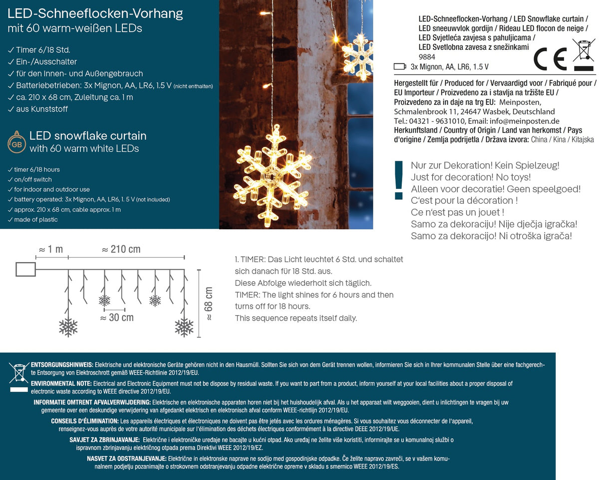 Lichterkette Lichtervorhang Schneeflocke LED Batterie Timer 210 cm Innen - außen