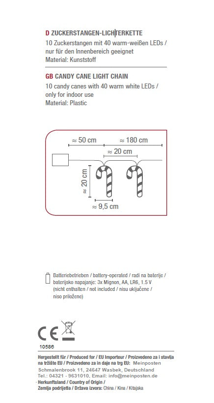 Lichterkette 180 cm Zuckerstangen LED Batterie warmweiß Weihnachtsbeleuchtung