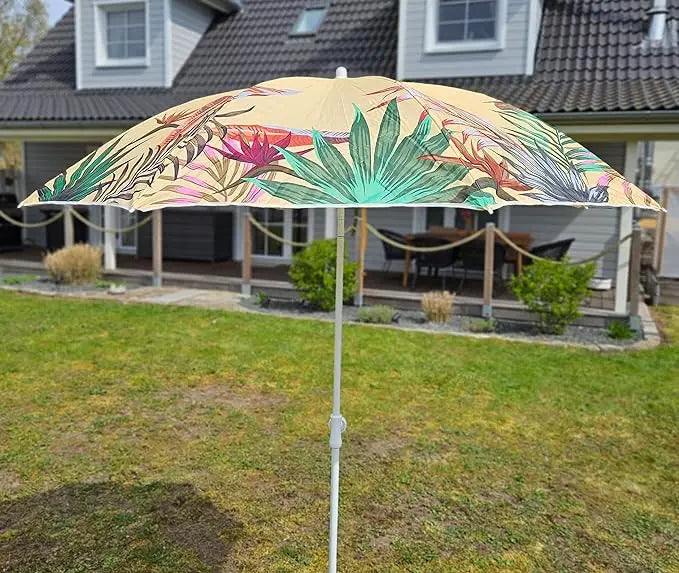 Sonnenschirm gelb mit tropischen Blättern UV-Schutz UPF 40+ Strandschirm Ø 155 c