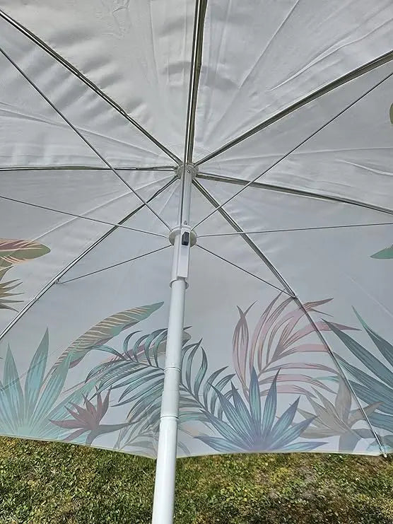 Sonnenschirm sandfarben mit tropischen Blättern UV-Schutz UPF 40+ Strandschirm
