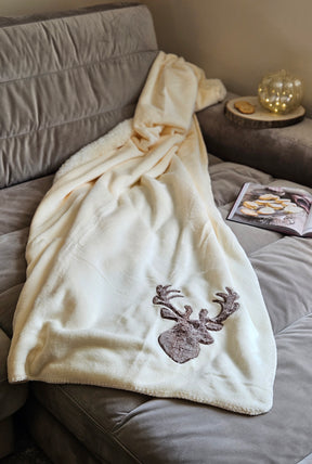 Decke Kuscheldecke Tagesdecke Wohndecke Hirsch Winter 150x200 kuschelig weich - Creme - Wohndecke