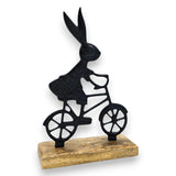 Osterhase schwarz mit Mangoholz Osterdekoration Hase Metallhase auf Fahrrad Riffelmacher