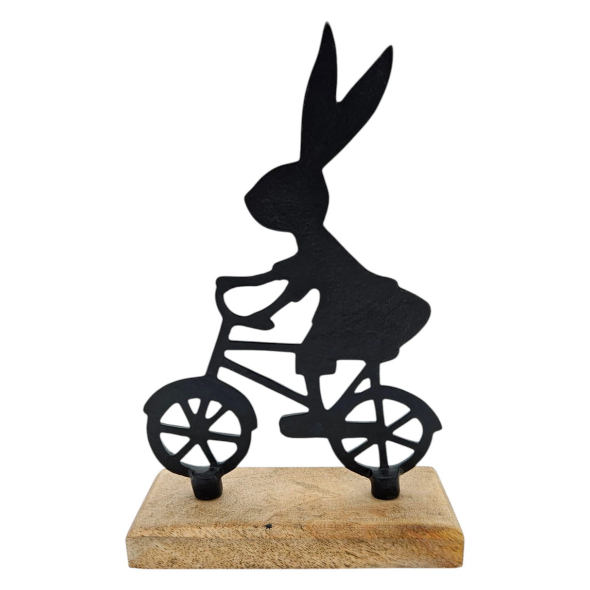 Osterhase schwarz mit Mangoholz Osterdekoration Hase Metallhase auf Fahrrad Riffelmacher