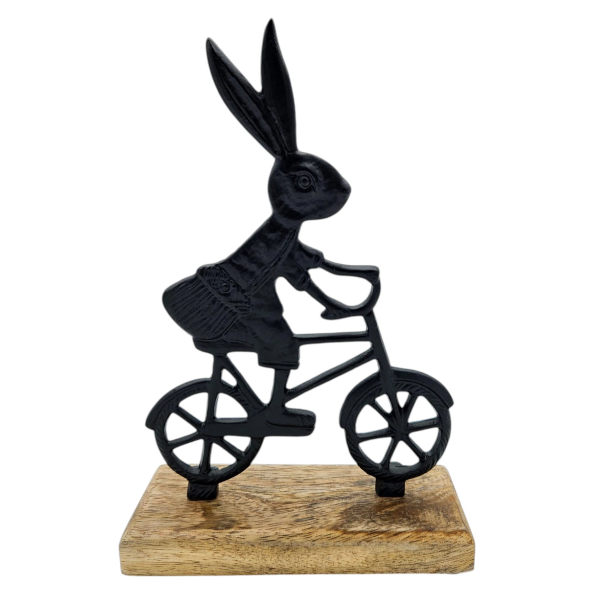 Osterhase schwarz mit Mangoholz Osterdekoration Hase Metallhase auf Fahrrad Riffelmacher
