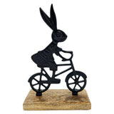 Osterhase schwarz mit Mangoholz Osterdekoration Hase Metallhase auf Fahrrad Riffelmacher