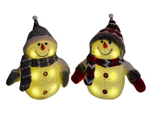 2x Schneemann mit LED bunter Schal & Mütze Höhe 20 cm Beleuchtung warmweiß