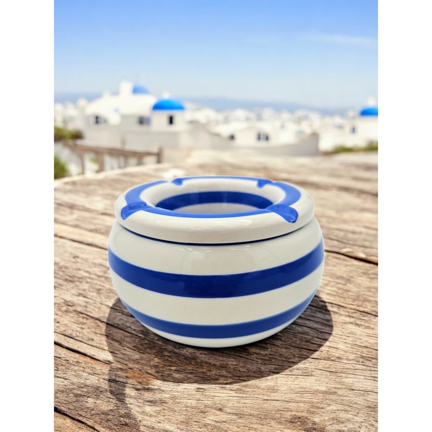 Sturmaschenbecher Mykonos M / XXL 23 cm Maritim blau weiß Aschenbecher gestreift