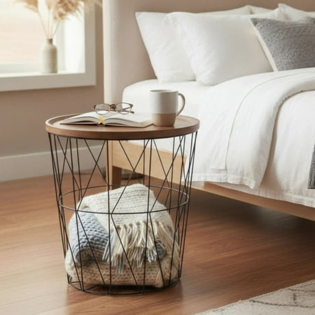 Beistelltisch Couchtisch Stauraumtisch Metalltisch mit Holzplatte Nussbaum schwarz 37x39 - Beistelltisch