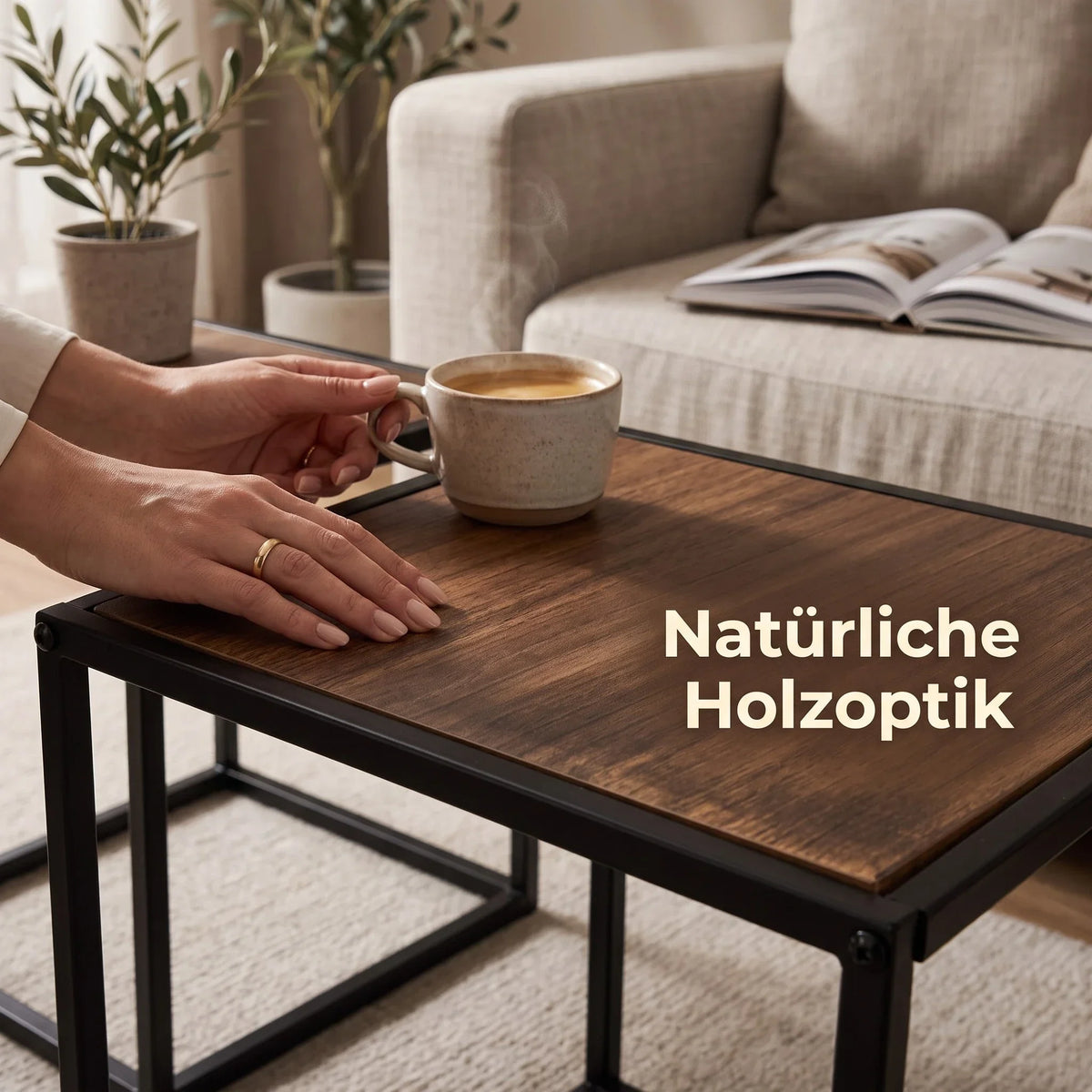 Beistelltische Lagos 2er Set – Metall Schwarz & Holzoptik Braun - Beistelltisch