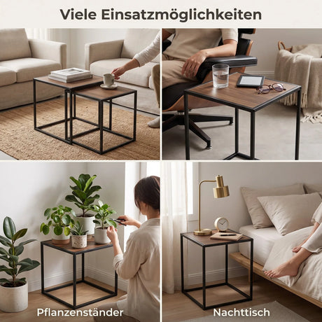 Beistelltische Lagos 2er Set – Metall Schwarz & Holzoptik Braun - Beistelltisch