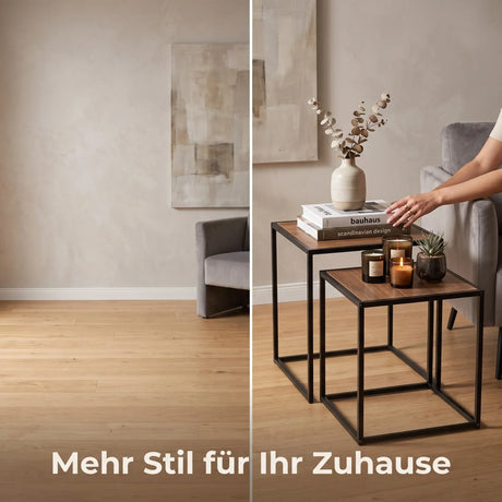 Beistelltische Lagos 2er Set – Metall Schwarz & Holzoptik Braun - Beistelltisch