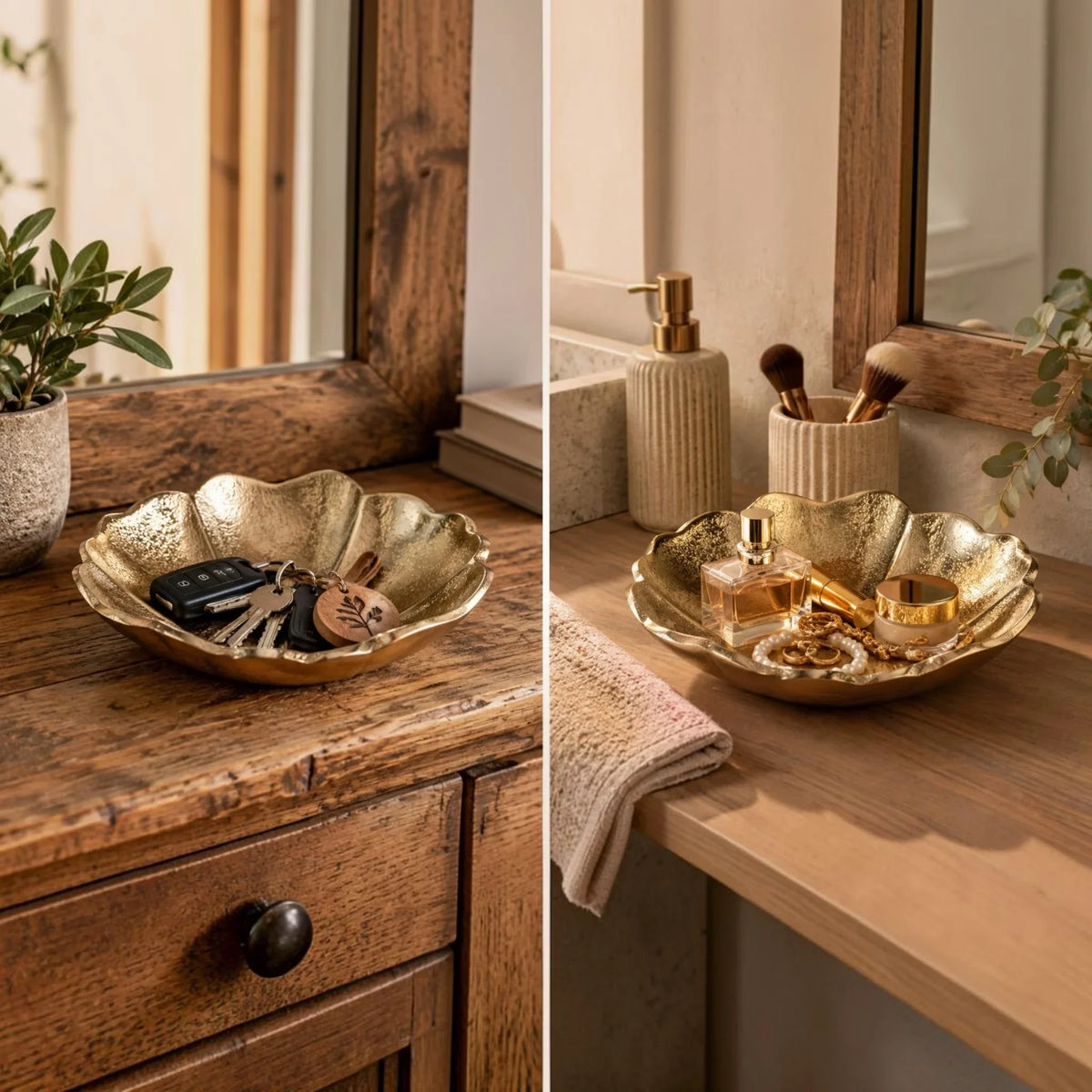 Dekoschale Blume Gold Ø 21 cm – Aluminium Schale mit Filzboden - Dekoschale