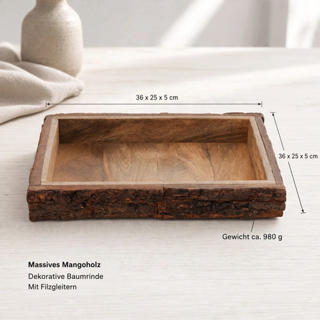Dekotablett Mangoholz 36 x 25 cm – Massiv mit Baumrinde - Holztablett
