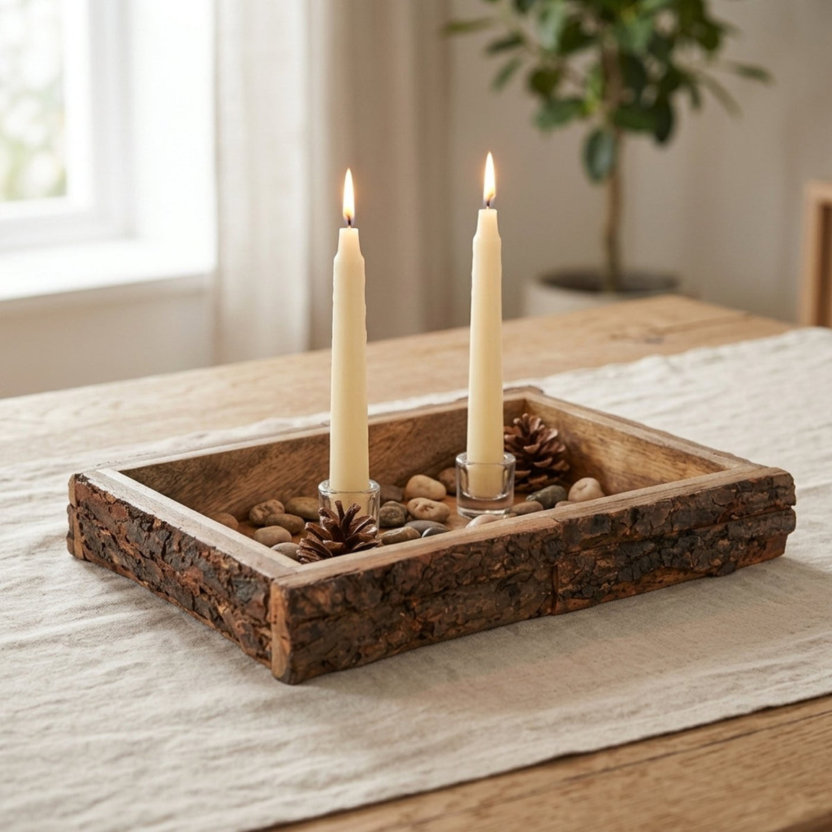 Dekotablett Mangoholz 36 x 25 cm – Massiv mit Baumrinde - Holztablett