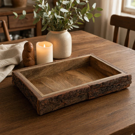 Dekotablett Mangoholz 36 x 25 cm – Massiv mit Baumrinde - Holztablett
