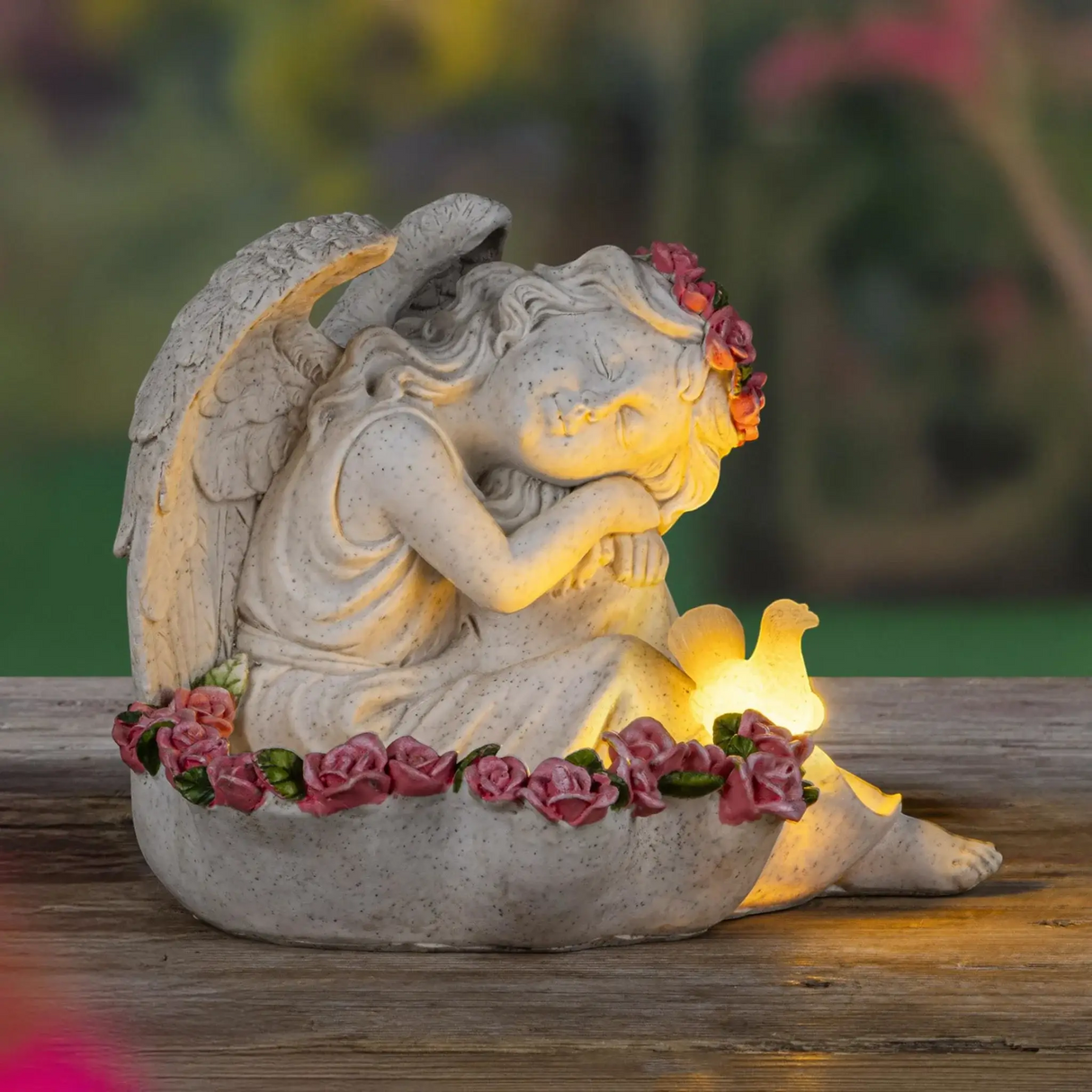 Engel Figur Gartendeko Solar Gartenfiguren Außen LED 20x21x16 Schutzengel Vogeltränke - Solarleuchte