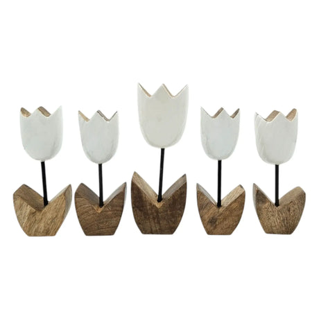 Holzblumen Dekoration aus Mangoholz 5er Set – Deko Blumen aus Holz 14–18 cm - Blumen