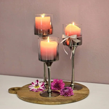 Kerzenleuchter aus Glas 3er Set Kerzenglas Windlicht Weihnachten silber Stumpenkerzen - Kerzenhalter