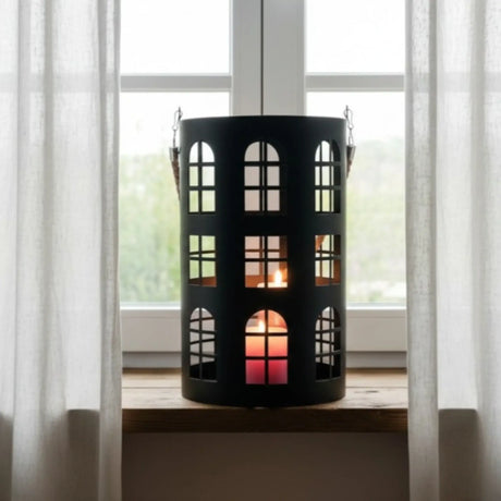 Laterne XXL Windlicht rund Haus schwarz weiß 40 cm Metall Kerzenhalter Industrial - Laterne Windlicht