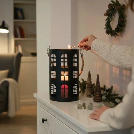 Laterne XXL Windlicht rund Haus schwarz weiß 40 cm Metall Kerzenhalter Industrial - Laterne Windlicht