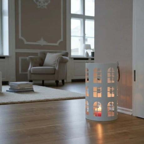 Laterne XXL Windlicht rund Haus schwarz weiß 40 cm Metall Kerzenhalter Industrial - Laterne Windlicht